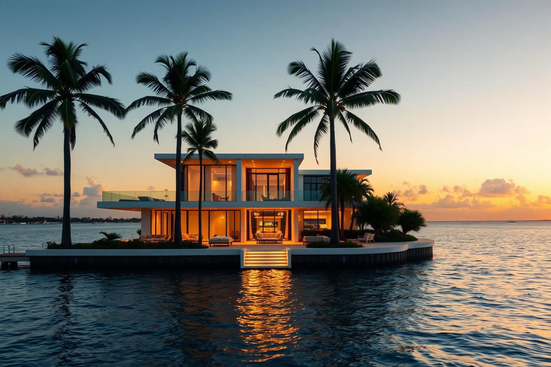 Miami waterfront home at golden hour